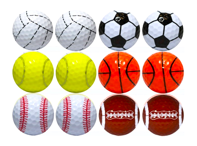 variety of sports ball printed on golf balls