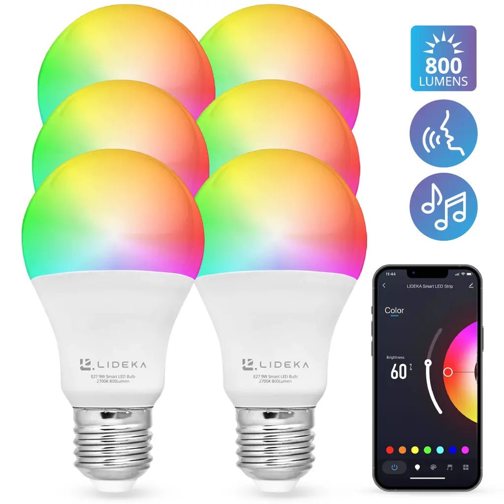 Image of Lideka® - Slimme LED Smart Lampen - E27 9W - Set Van 6 - RGBW - met App - Dimbaar