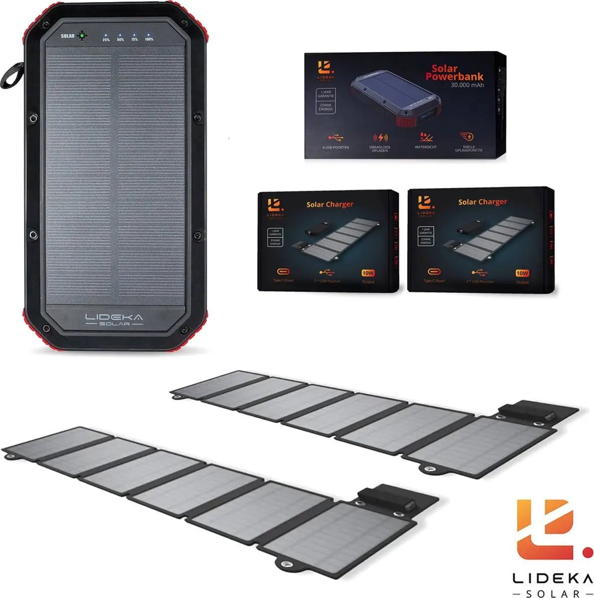 Lideka® - Solar Powerbank + 2x Solar Charger - 30.000 mAh Powerbank