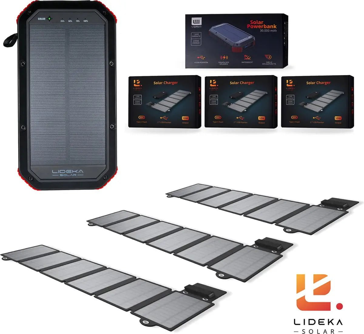 Image of Lideka® - Solar Powerbank + 3x Solar Charger - 30.000 mAh Powerbank