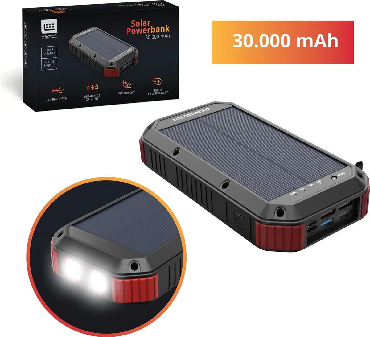 Lideka® Solar Powerbank 30000 mAh - 4x USB - USB C - Snel & Draadloos Opladen