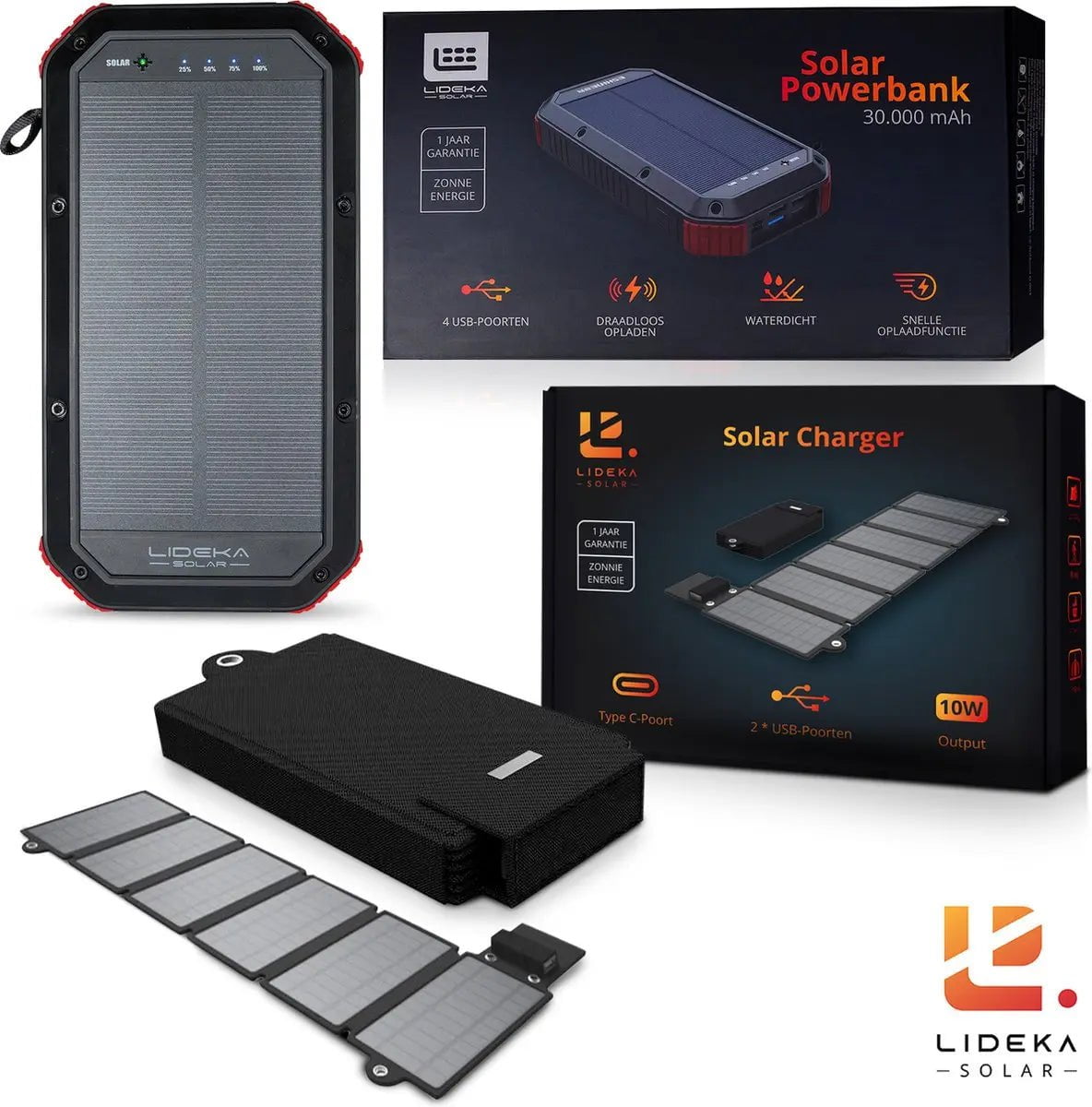 Lideka® - Solar Powerbank + Solar Charger - 30.000 mAh Powerbank