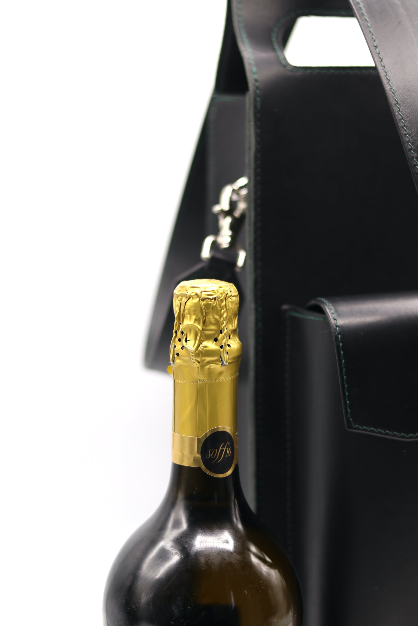 Detail of Stitching and Hardware on Tort Bespoke Leather Wine Bottle Bag