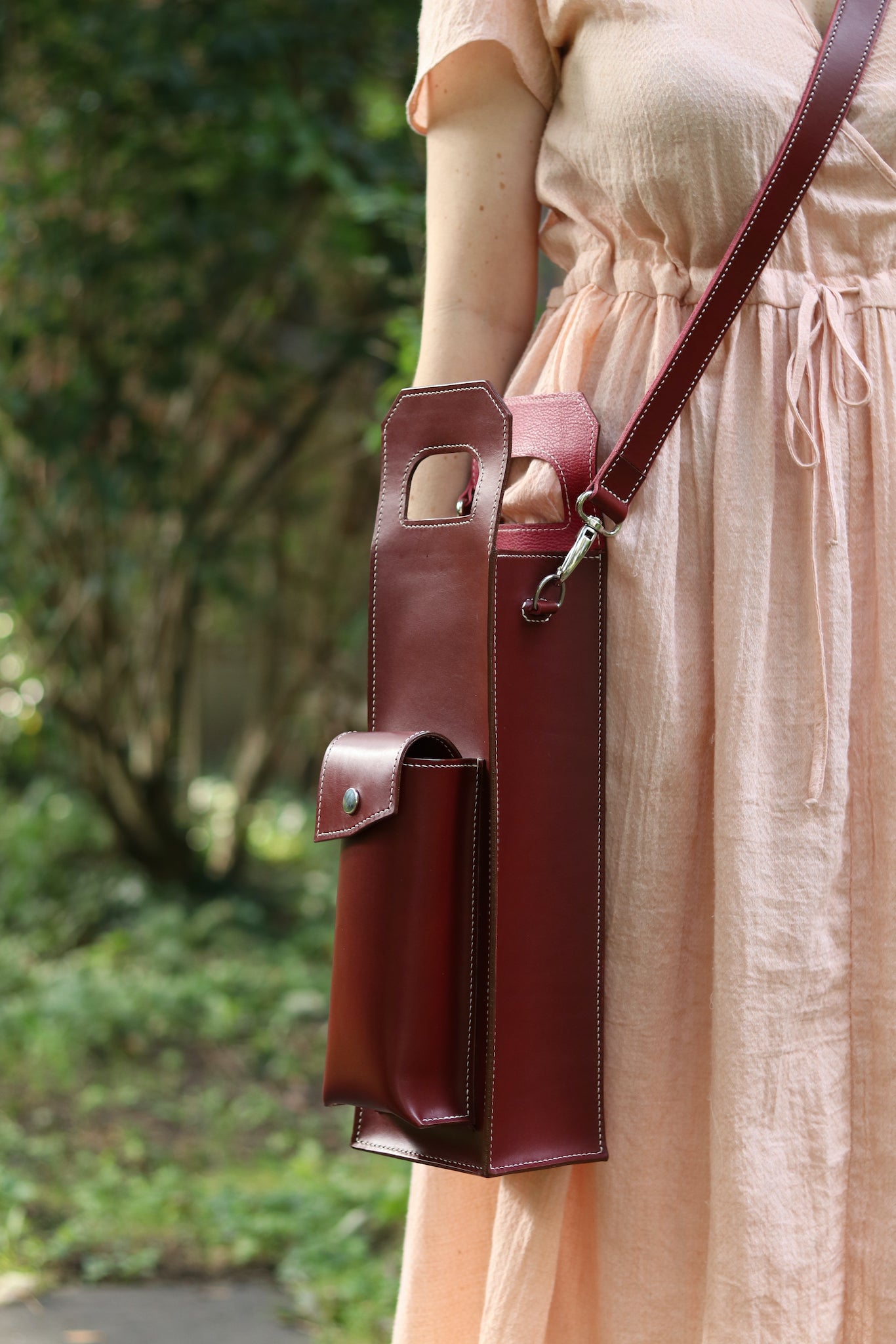 Bespoke Leather Wine Bottle Carrier on the Body