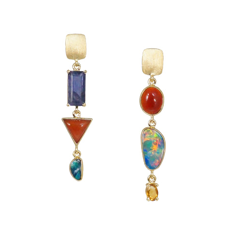 14K GOLD ASYMMETRICAL OPAL, CARNELIAN & MULTI-STONE EARRINGS