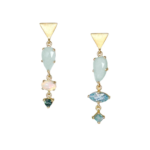 14k gold asymmetrical earrings with aquamarine