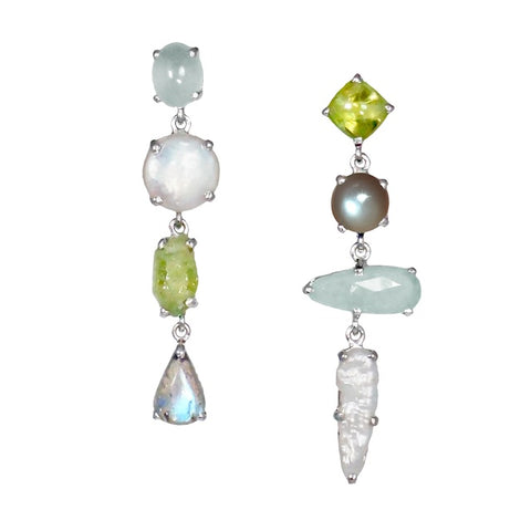 EARRINGS - SILVER ASYMMETRICAL PEARL & PERIDOT