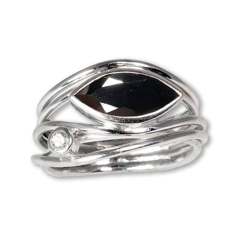 EAST WEST SILVER MARQUISE RING - BLACK SPINEL