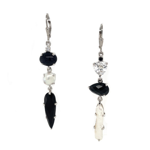 Asymmetrical Sterling Silver Spinel and Pearl Earrings