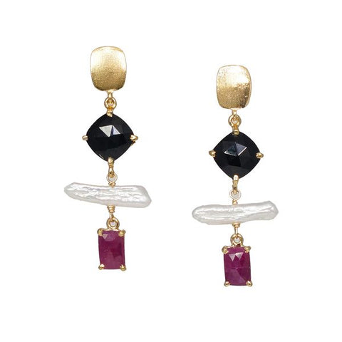 gold earrings with ruby pearl and spinel