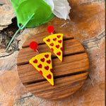 Load image into Gallery viewer, Pizza Earrings - Nian by Nidhi - Red and Yellow - in a white and brown background
