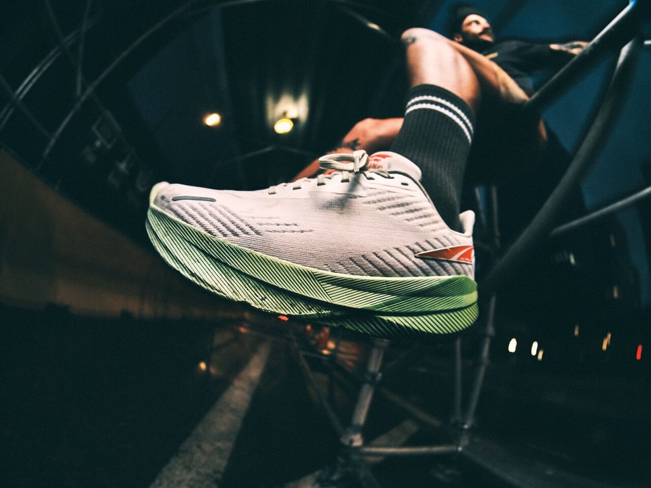 Fisheye view of white Altra FWD Experience running shoe