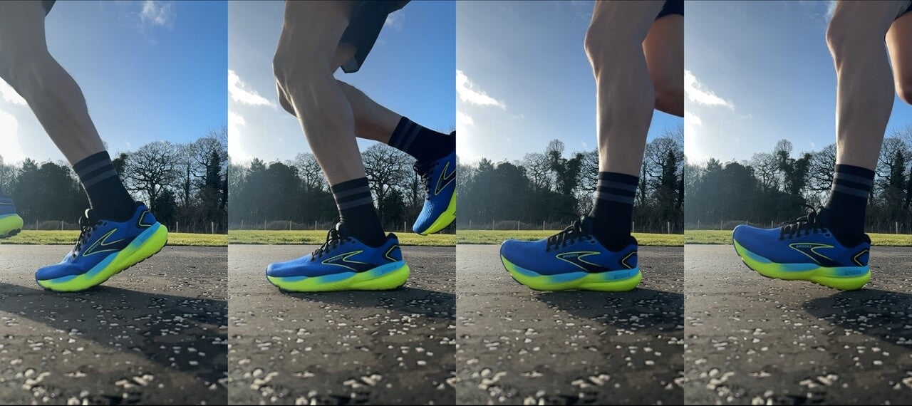 Sequence image showing male runner running in blue Brooks Glycerin 21 running shoes on a sunny day
