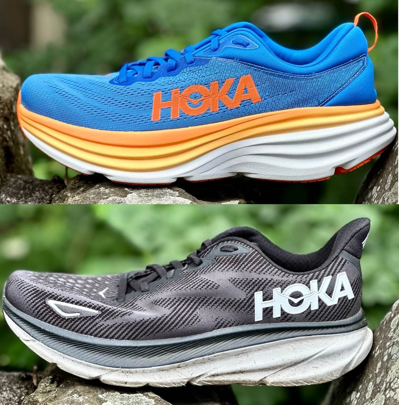 Lateral view of HOKA Bondi and HOKA Clifton road running shoes side by side