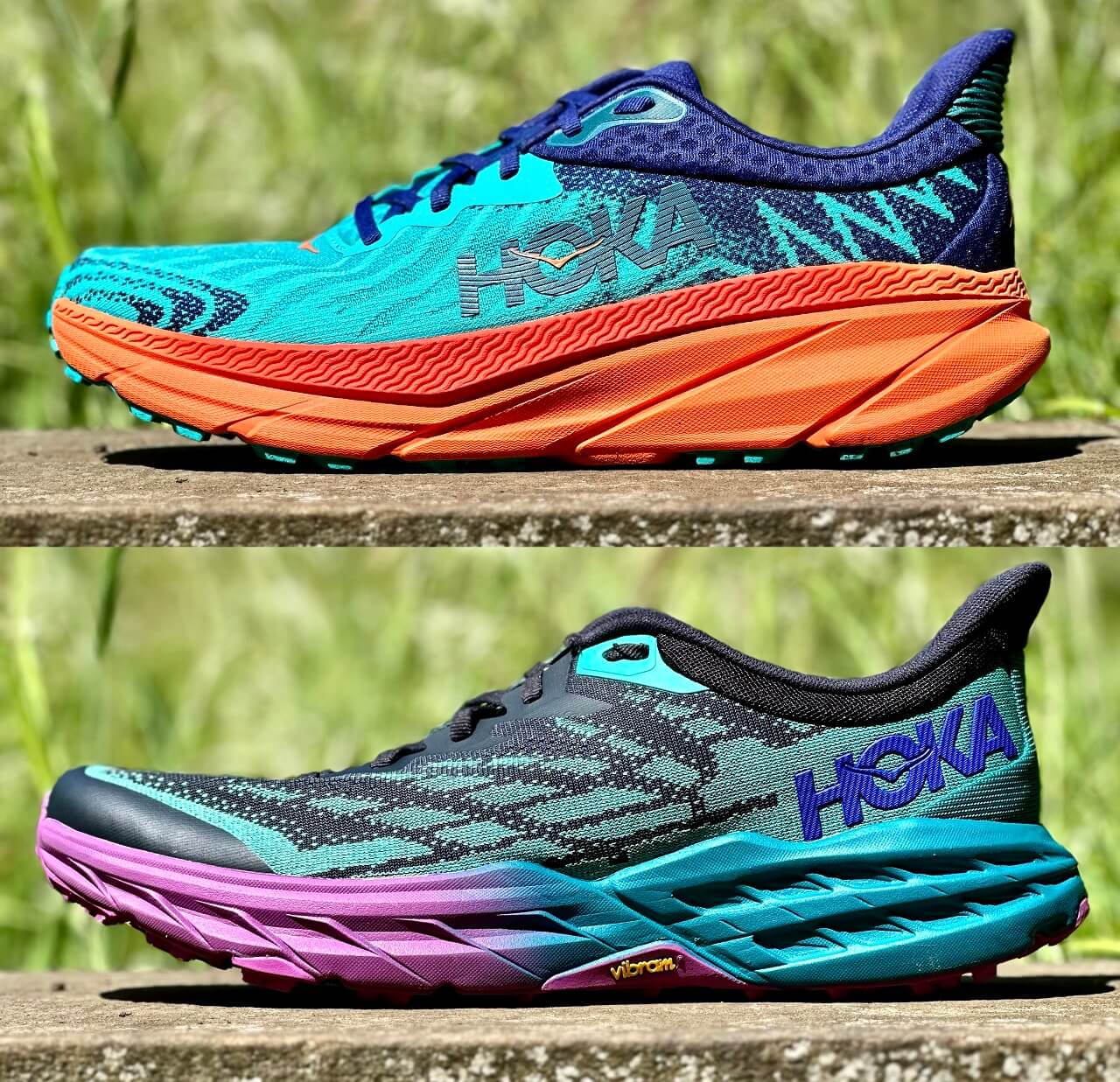 Lateral view of HOKA Challenger and HOKA Speedgoat trail running shoes side by side