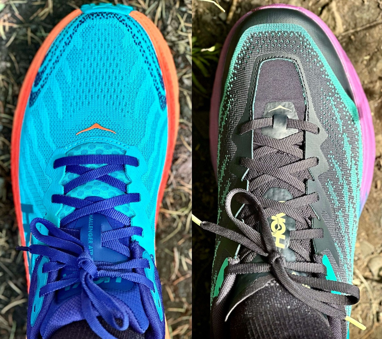 Toe box of HOKA Challenger and HOKA Speedgoat trail running shoes shown side by side