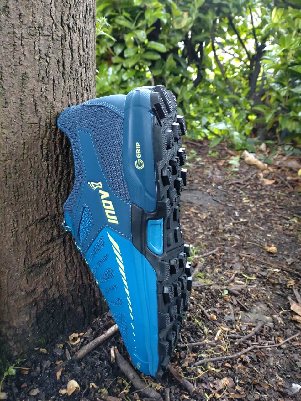 inov-8 Roclite G 275 V2 trail running shoe propped against a tree trunk