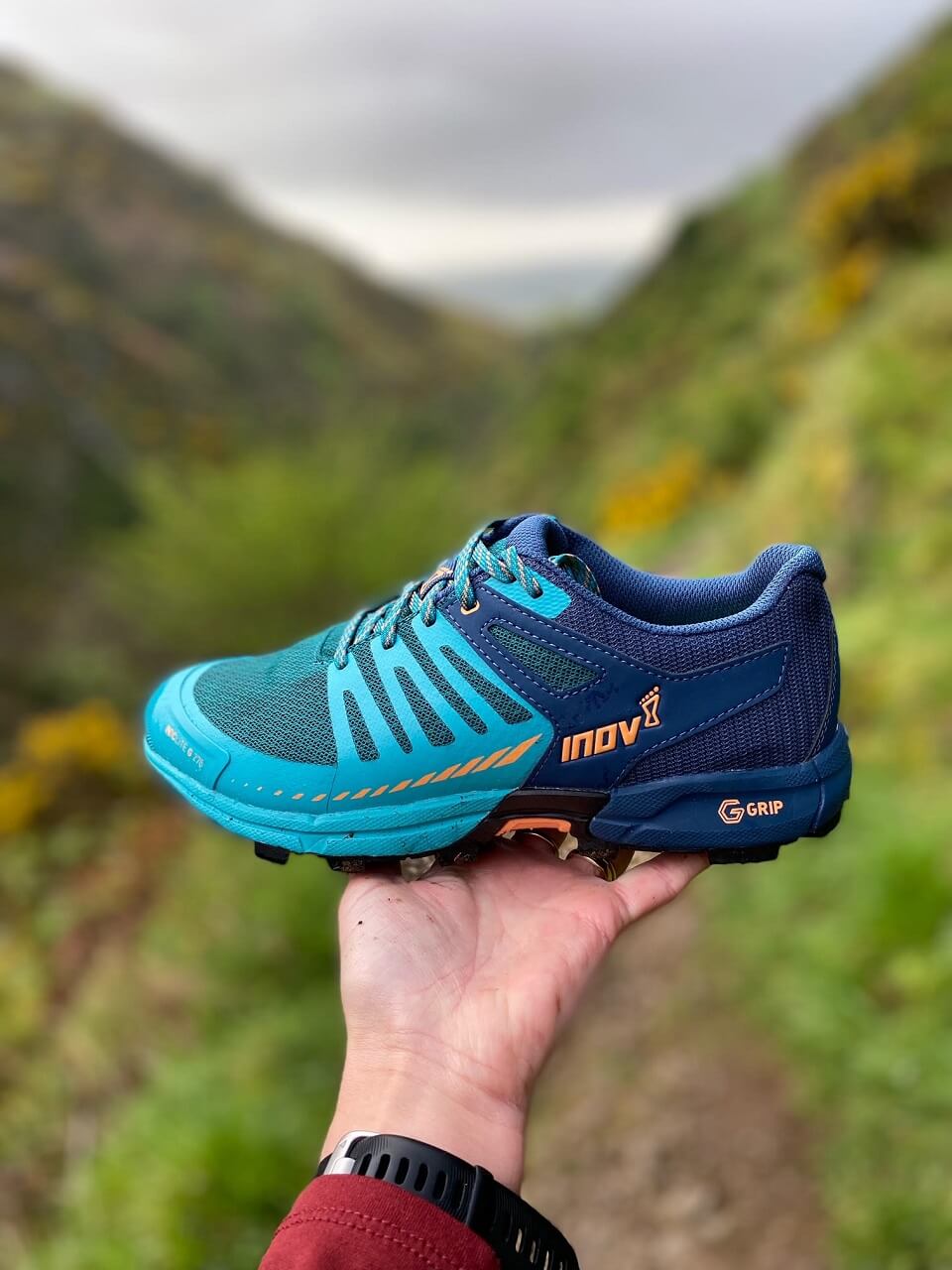 inov-8 Roclite trail running shoe in the Scottish hills