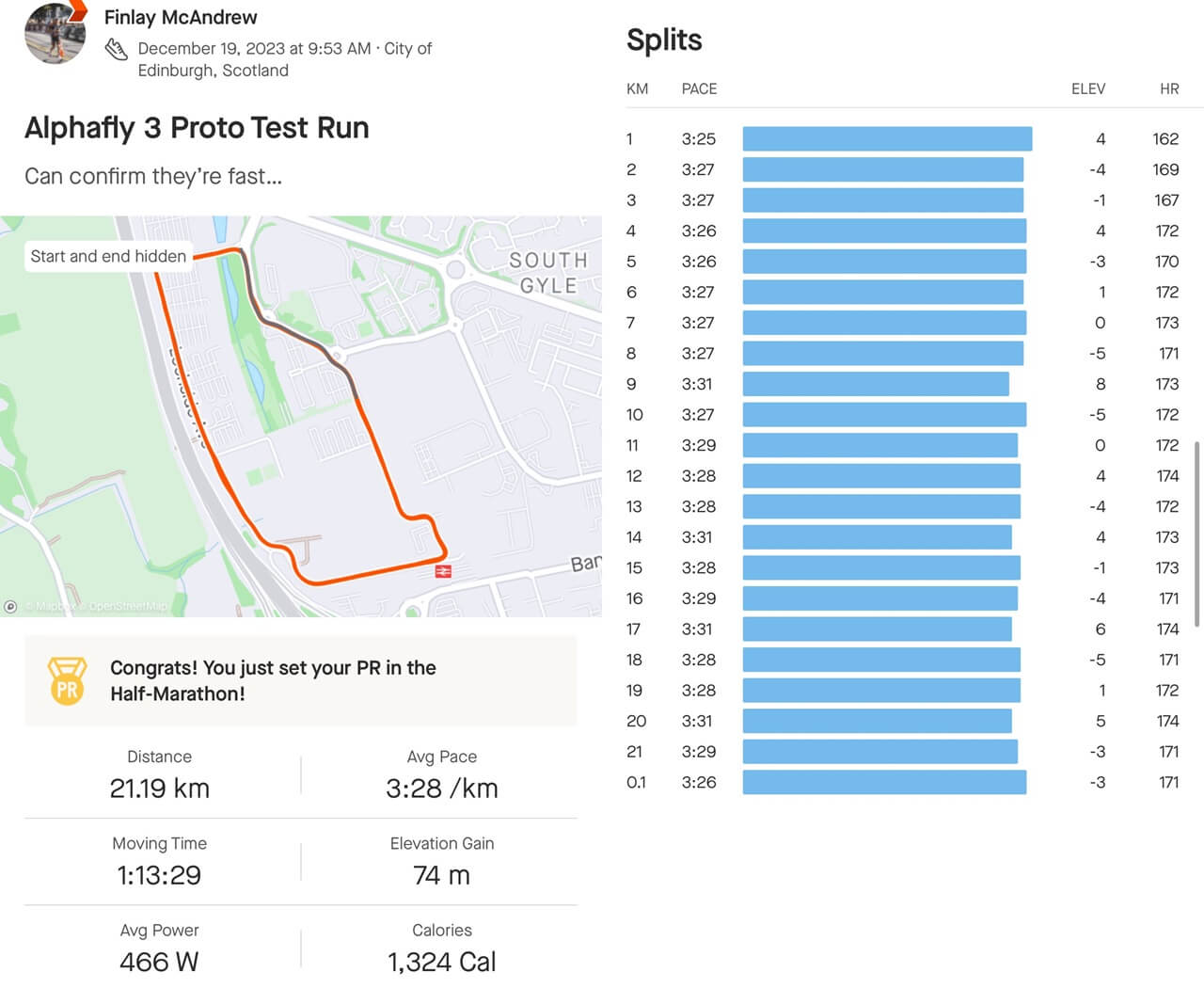 Strava screenshot of half marathon activity and splits in the Nike Alphafly 3 Proto