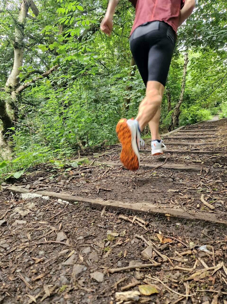 Runner running up trail steps