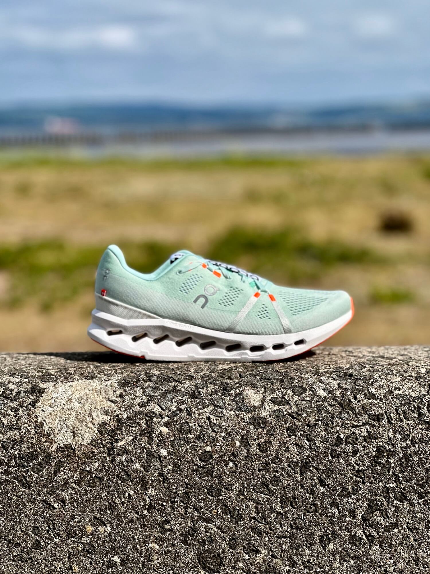 On Cloudsurfer road running shoe on wall with sea in background