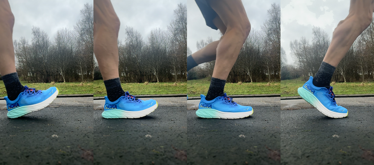 Sequence image showing runner's gait cycle in the HOKA Arahi 7 running shoes