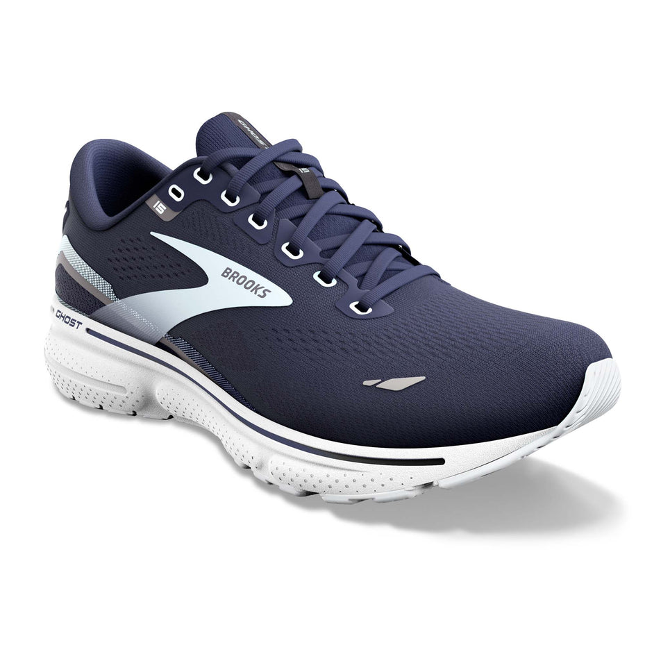 Right shoe anterior angled view of Brooks Women's Ghost 15 1D Running Shoes in blue (7705973653666)
