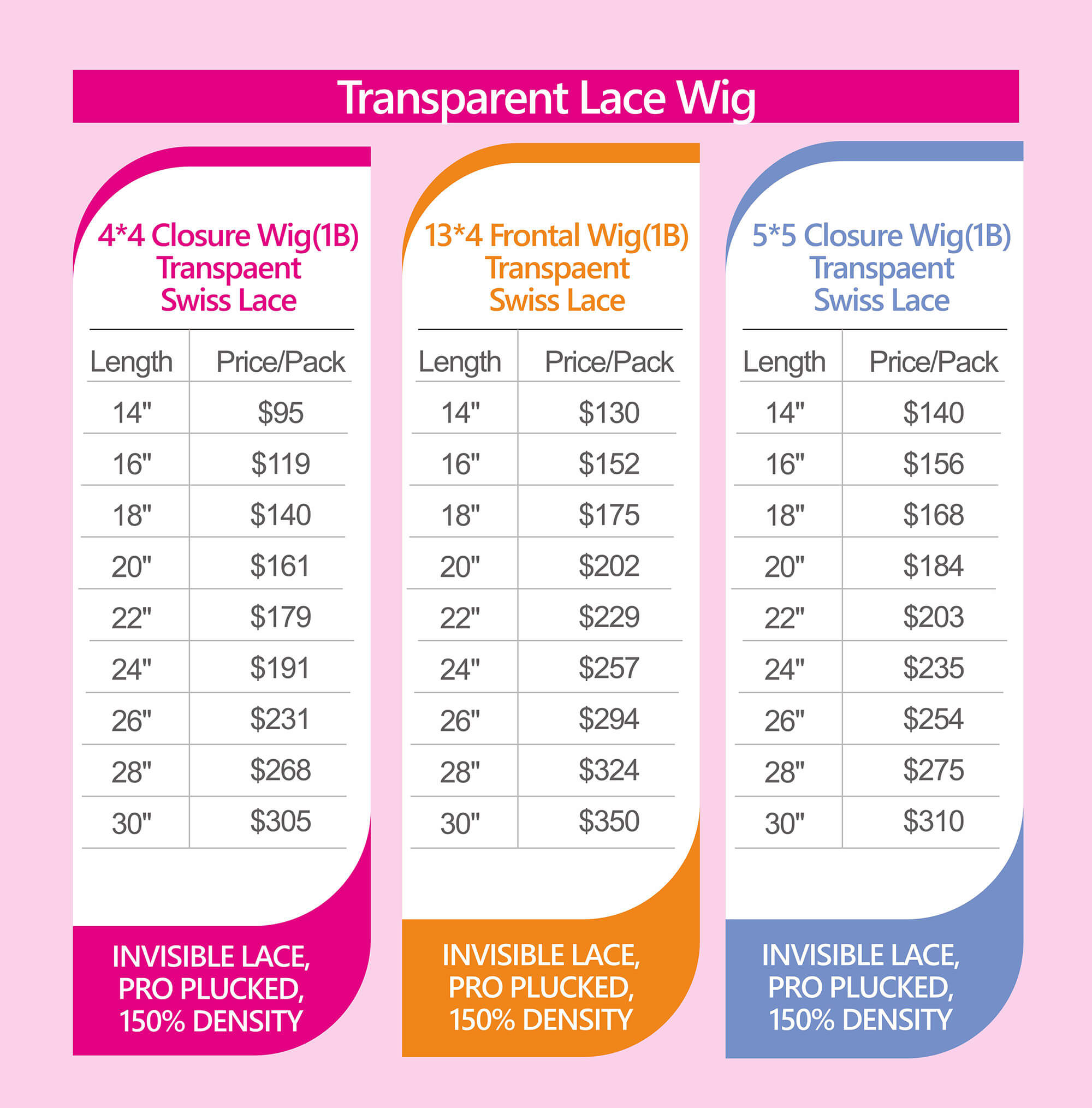 transparent lace wig price list