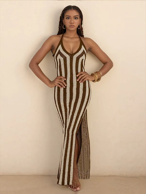 Slit Striped Halter Neck Dress - Simply Sweet Elements