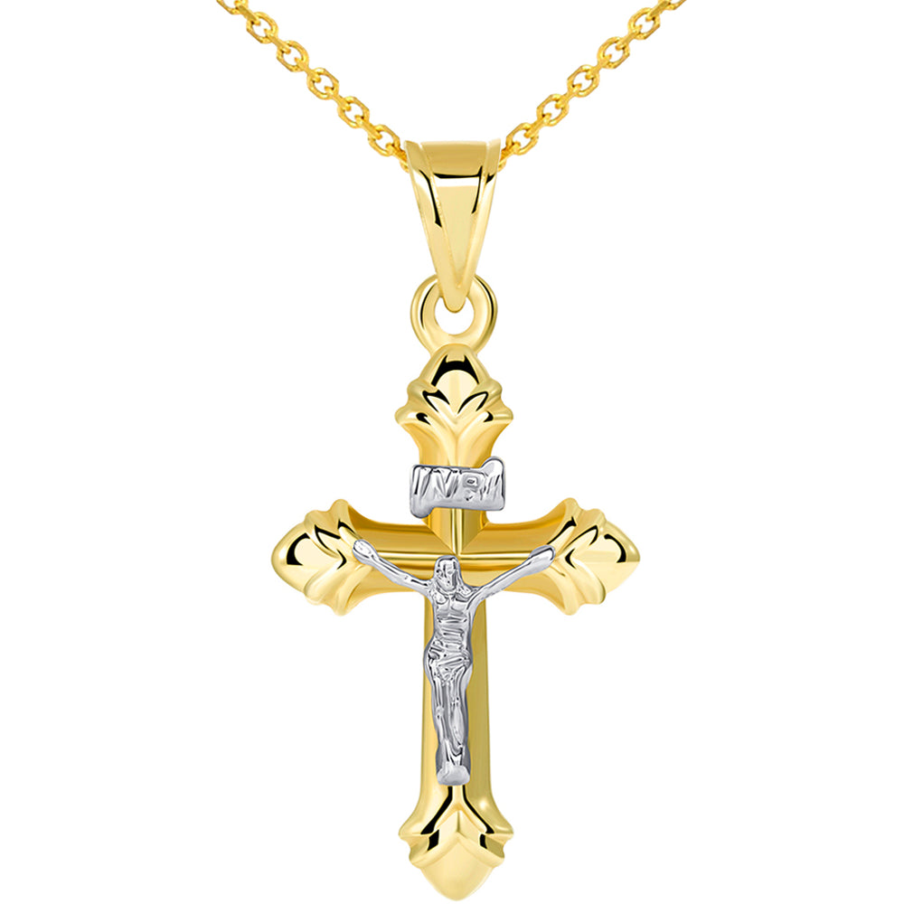 14k Gold INRI Fleur-de-Lis Two Tone Crucifix Cross Pendant