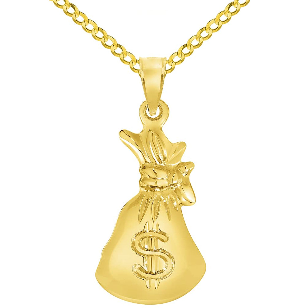 High Polish 14K Gold 3D Money Bag Charm Pendant with Figaro Chain Necklace 22 Inches