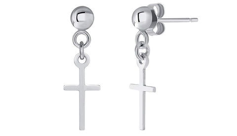 14k White Gold Dangling Religious Plain Cross Drop Earrings with Friction Back