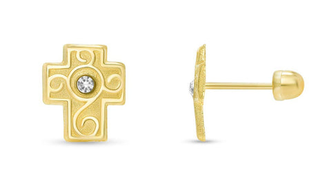 14k Yellow Gold Cubic-Zirconia Religious Ornate Latin Cross Stud Earrings with Screw Back