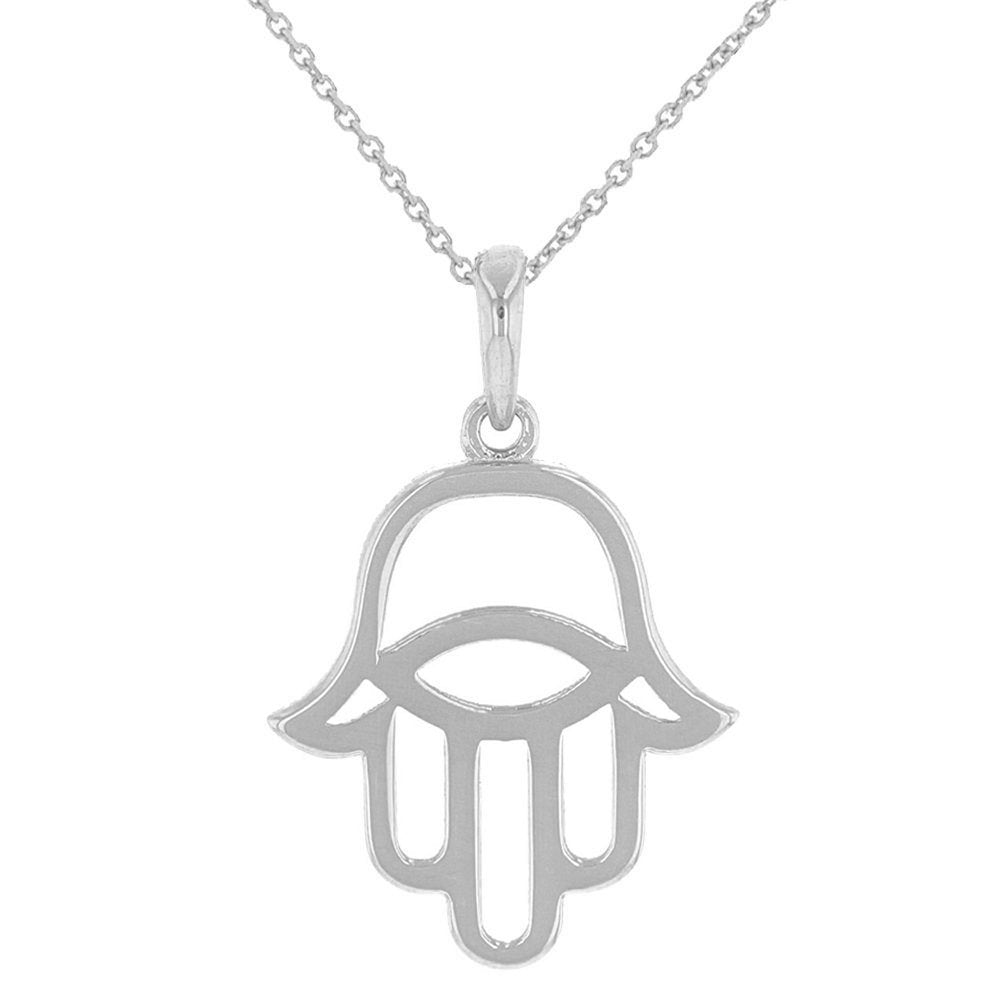 Solid 14k White Gold Hamsa Hand of Fatima with Evil Eye Charm Pendant Necklace