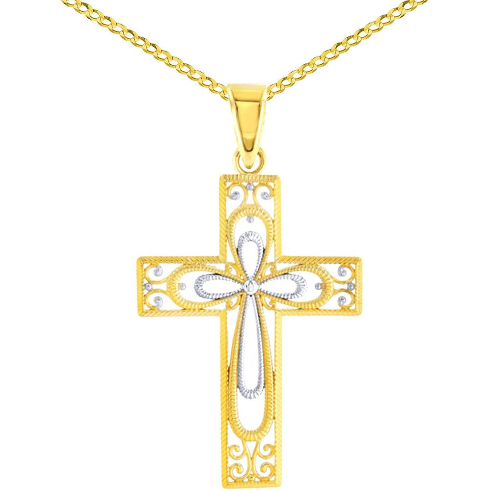 14k Yellow Gold Medium Textured Filigree Catholic Cross Pendant