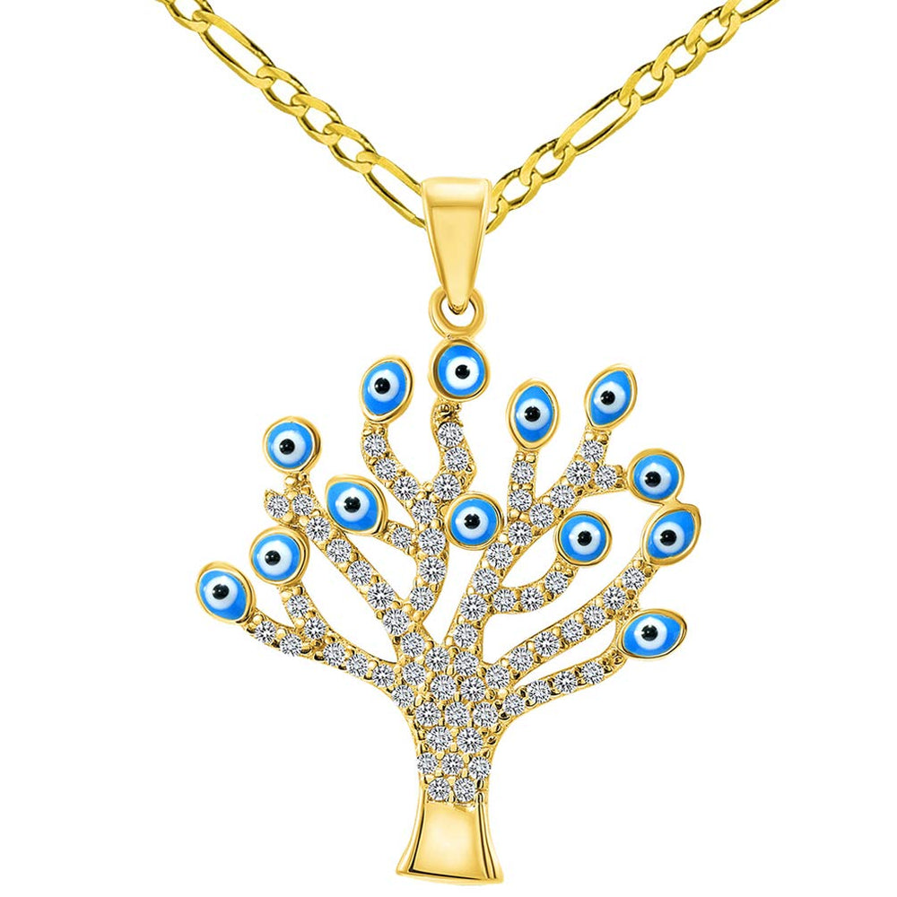 14k Yellow Gold Cubic-Zirconia Blue Evil Eye Tree of Life Pendant