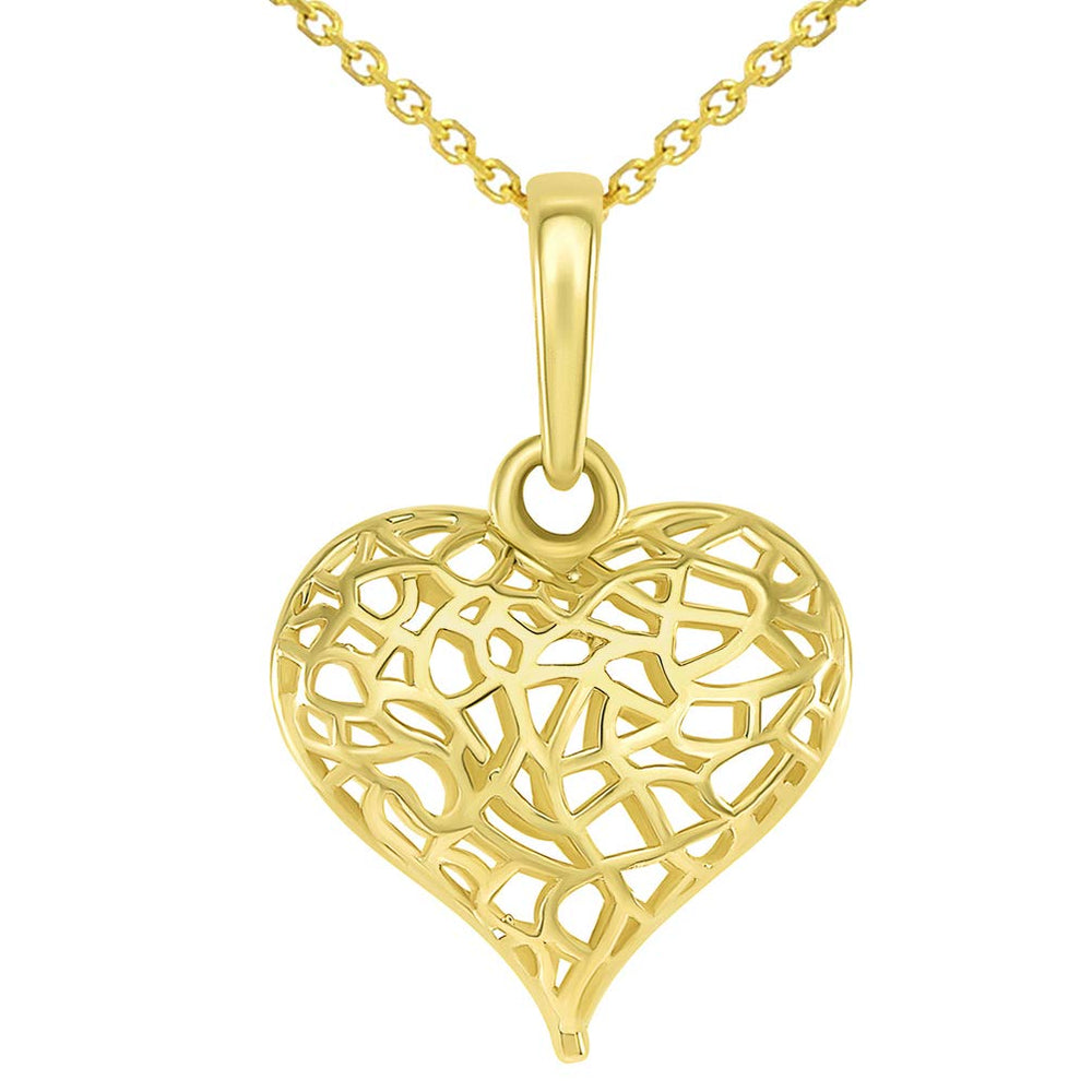 14k Yellow Gold Pendant Necklace Chain Sparkle cut Puffed Heart