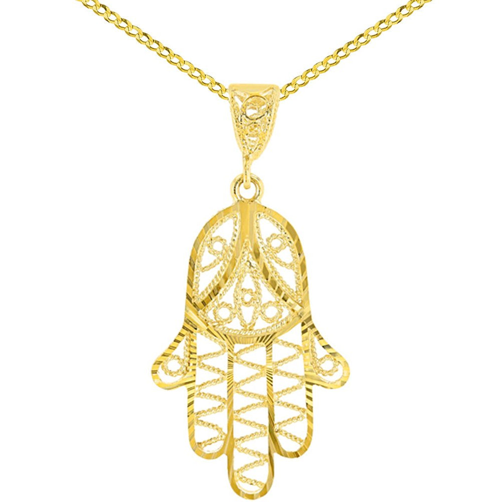 Solid 14k Yellow Gold Filigree-Style Hamsa Hand with Heart Pendant