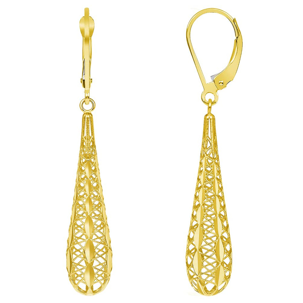 14k Yellow Gold Teardrop Hook Earrings with Floral Design 1 1/4in