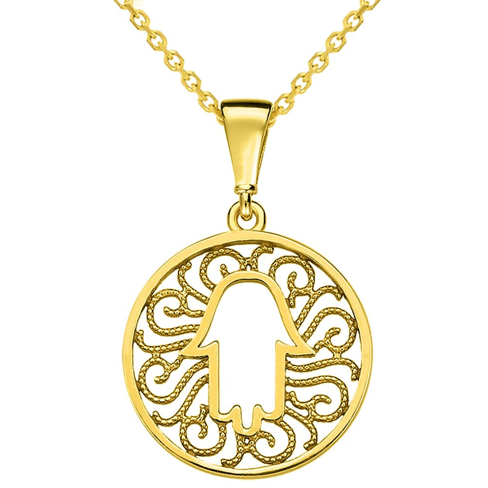 Solid 14K Gold Filigree Hamsa Hand of Fatima with Evil Eye Pendant Necklace