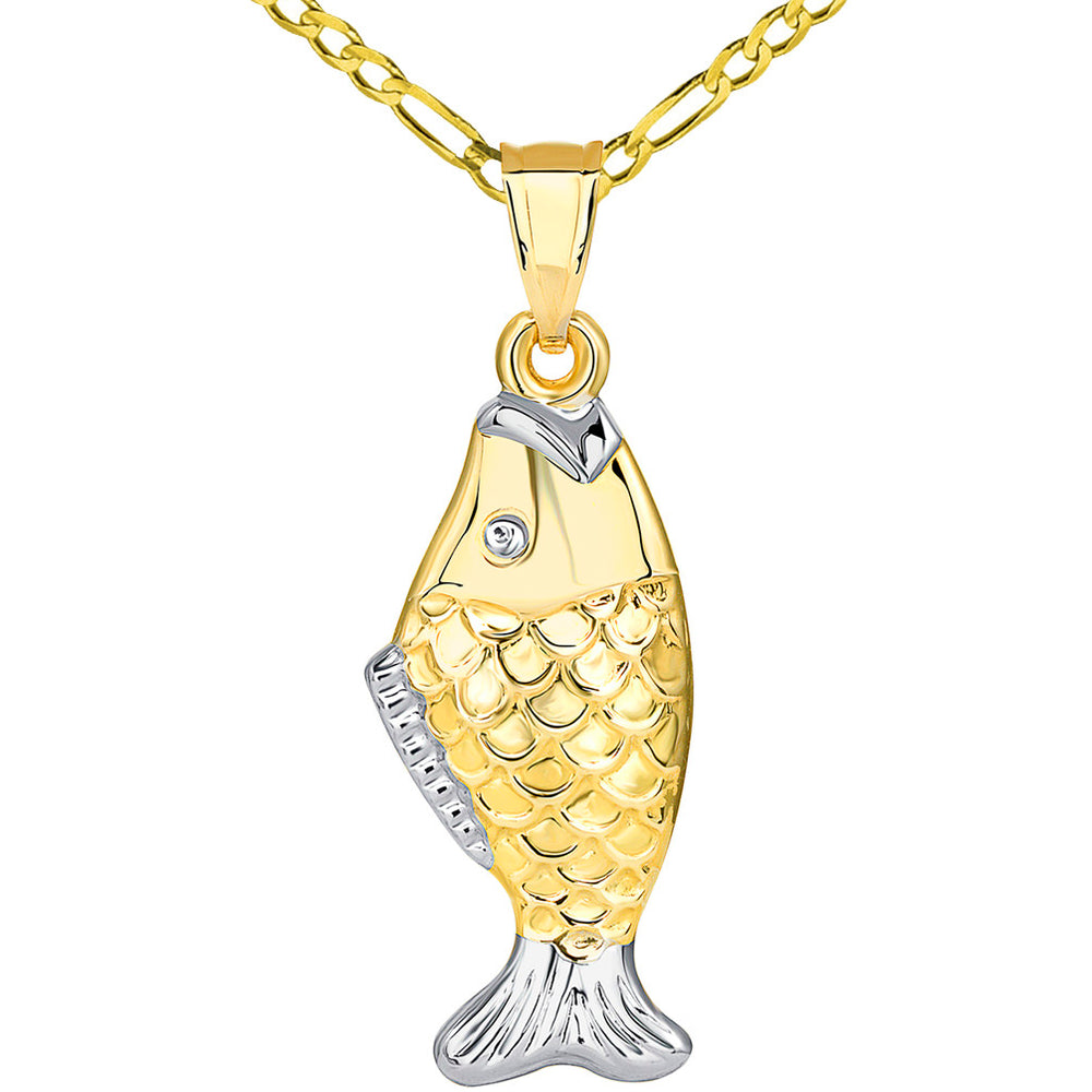 14k Gold Well Detailed Two Tone 3D Bass Vertical Fish Pendant Figaro N