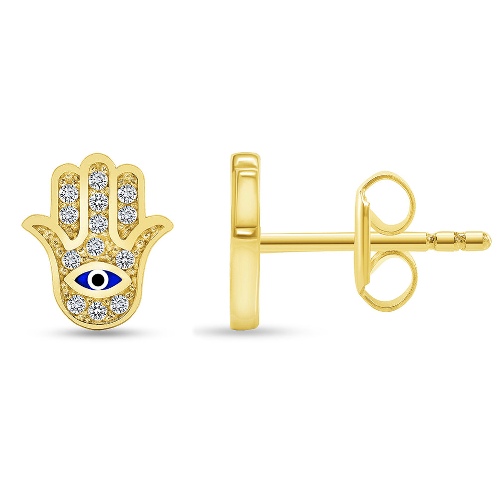 JewelryWeb - Solid 14k Yellow Gold Cubic Zirconia Hamsa Screw Back Earrings  - Hand of God Stud Earrings - Protection Earrings for Women Girls - Evil