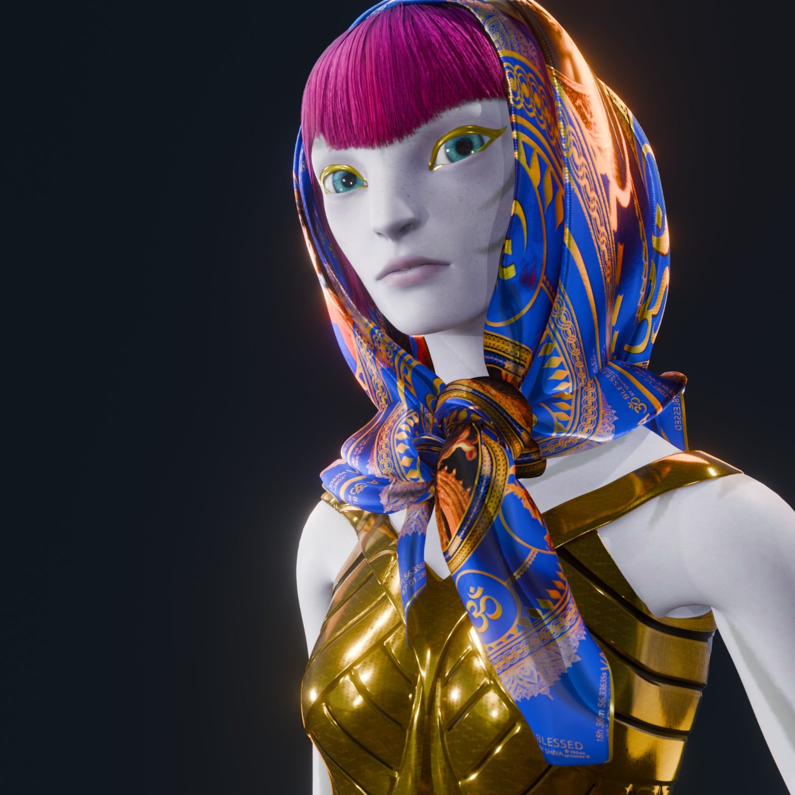shen-the-lyran-alien-wearing-blue-gold-vegan-silk-scarf-from-vegan-skyrider
