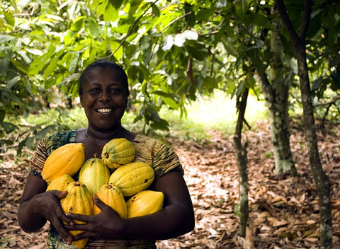 Close-up of a smiling female cocoa farmer showing her cocoa pod harvest, promoting fair labor practices on International Workers' Day