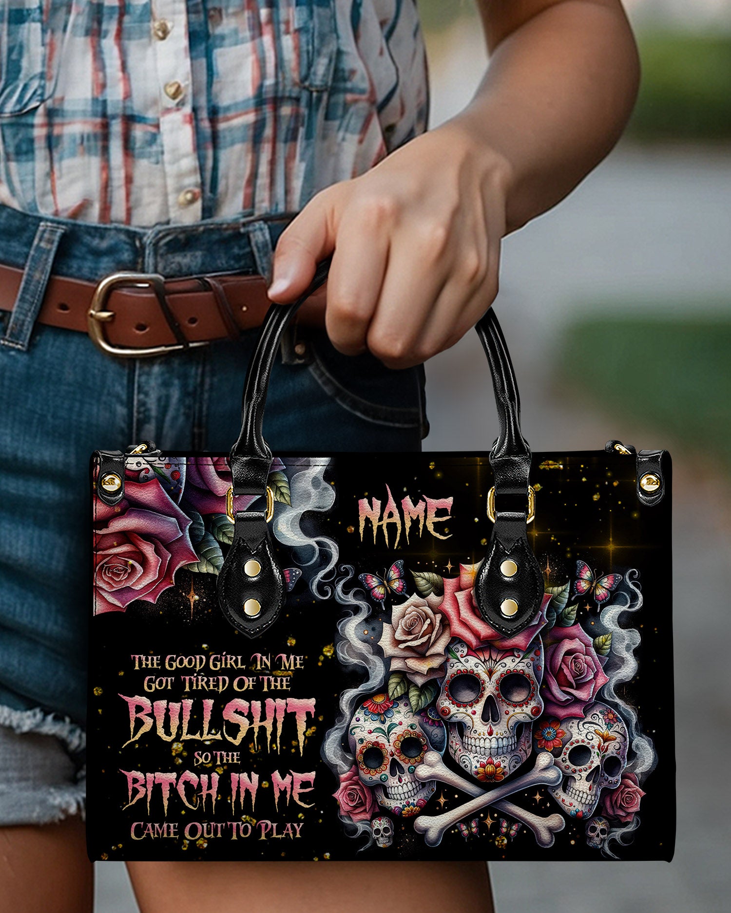 THE GOOD GIRL IN ME BONES SUGAR SKULL LEATHER HANDBAG - TLNZ2203241