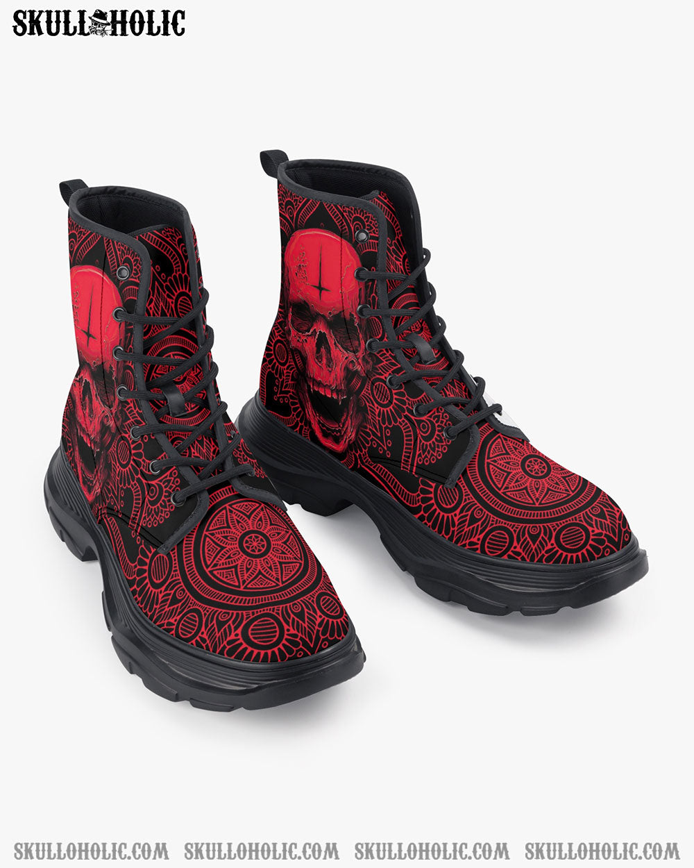 MADLY SKULL MANDALA LEATHER CHUNKY BOOTS - TLTW1811222