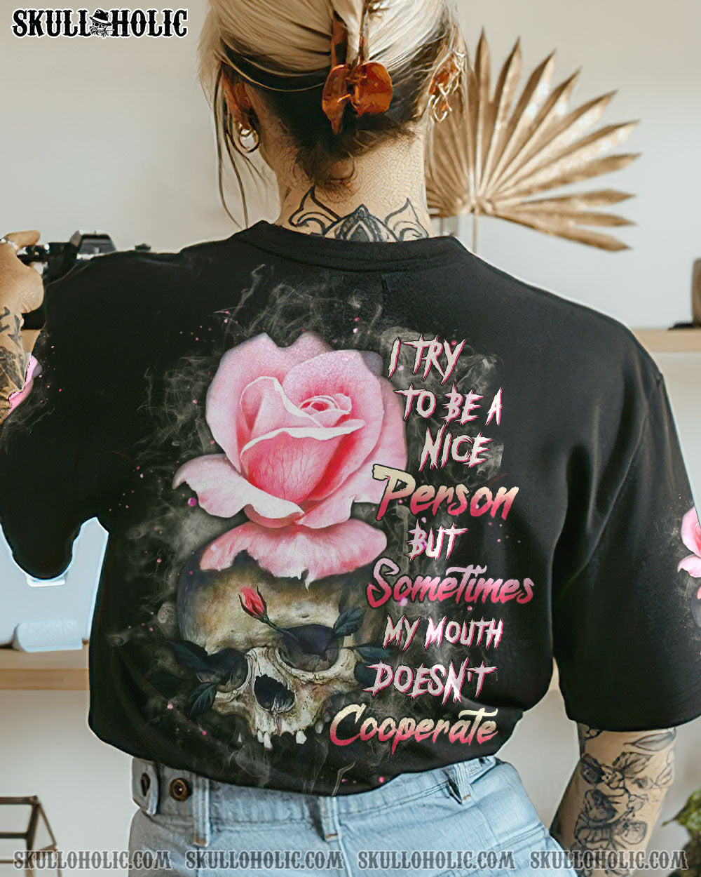 I TRY TO BE A NICE PERSON ROSE SKULL ALL OVER PRINT - TLTW2104232