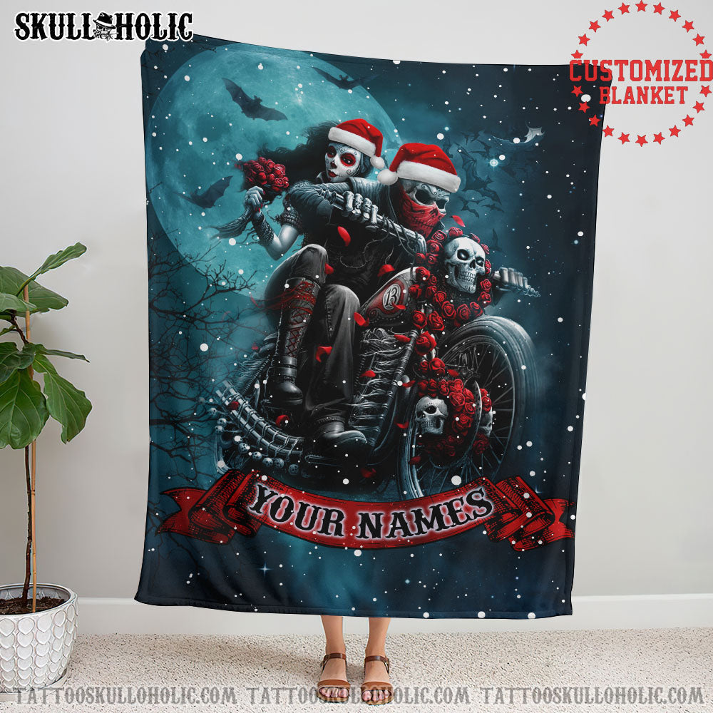 PERSONALIZED SKULL BIKER COUPLE WOVEN & FLEECE BLANKET - TLNO1511213