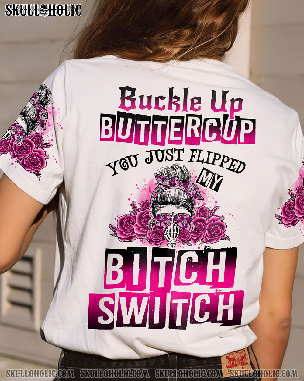 BUCKLE UP BUTTERCUP ROSE SKULL MESSY BUN ALL OVER PRINT - TLNO1804233