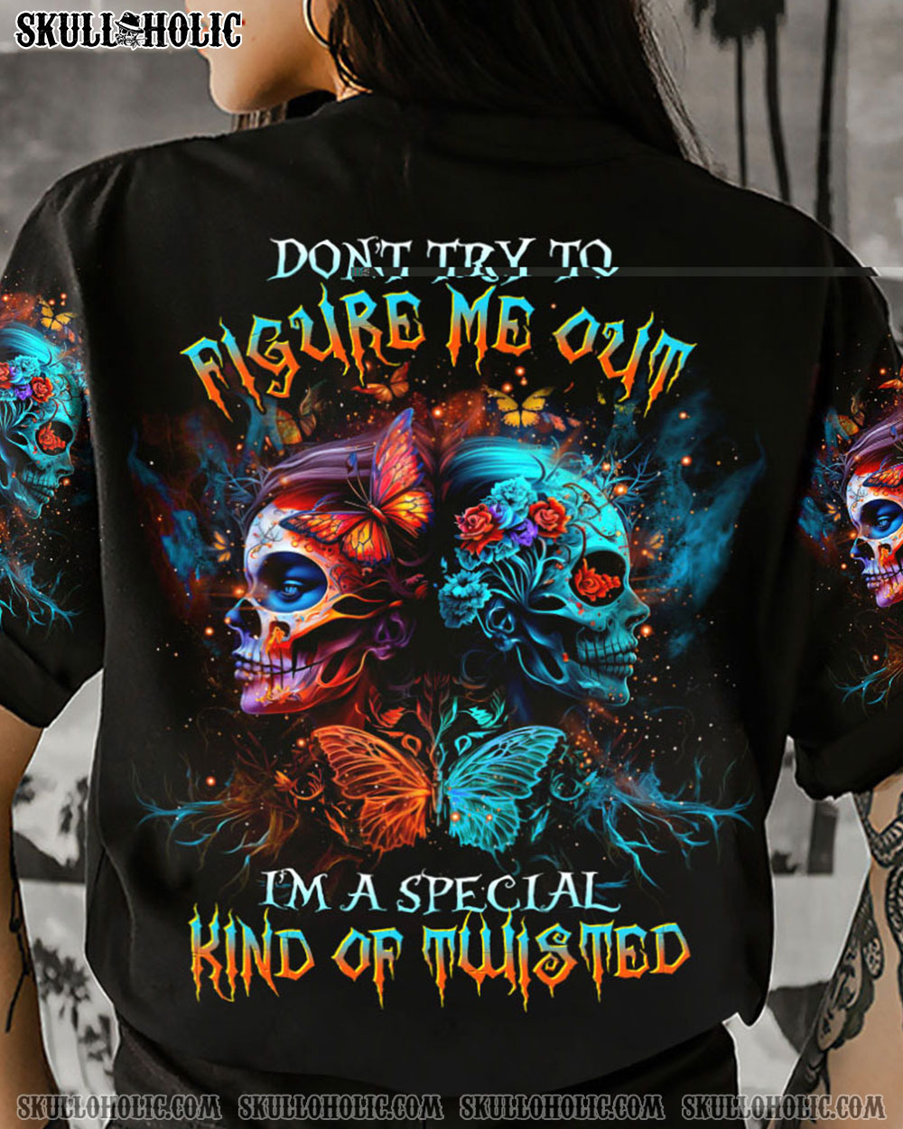 DON'T TRY TO FIGURE ME OUT TWO FACED SKULL ALL OVER PRINT - TLTR0404235